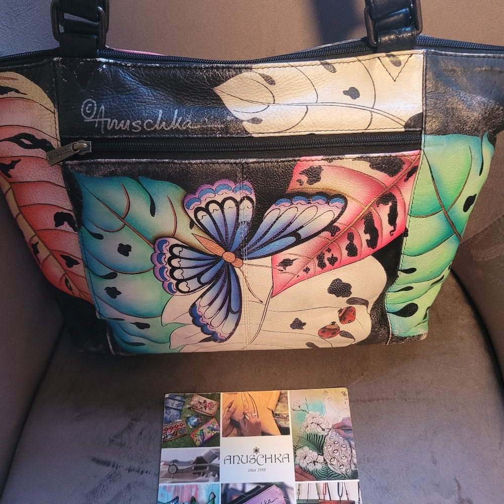 🔮SOLD🔮Anuschka hand painted butterfly, ladybugs and more large tote